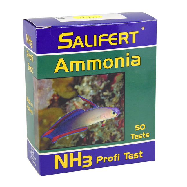 Box of Salifert Ammonia NH3 Profi Test with 50 tests for aquarium water quality monitoring.